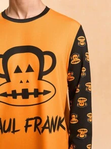 Paul Frank X SHEIN Men's Cartoon Pattern Colorblock Long Sleeve Top And Pants Loungewear Set, Fall Winter Clothes - Orange - View 5