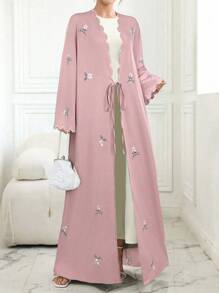 Al Najma 撞色装饰碎花刺绣系带和服长袍 - 粉色 - 查看 5