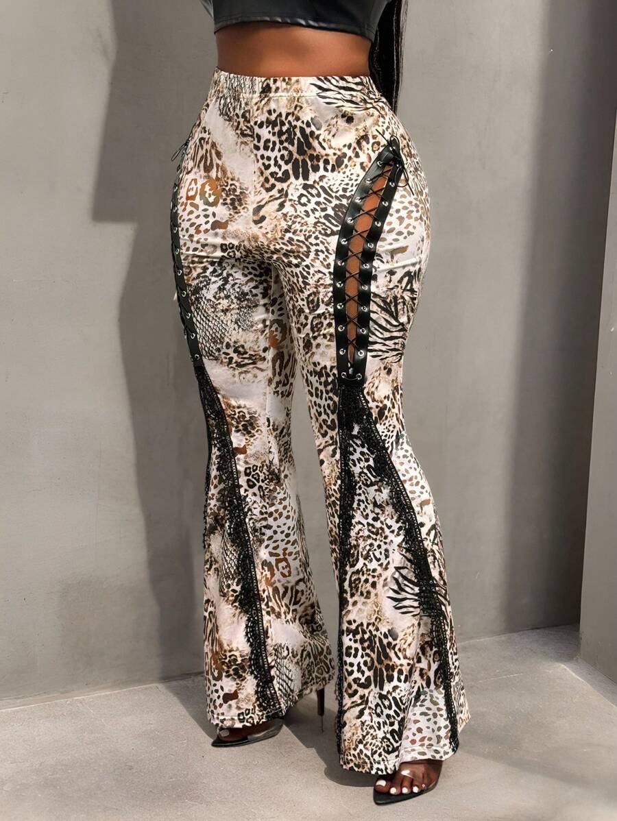 Slaydiva 大码女式豹纹系带喇叭裤 - 卡其色 - 查看 1