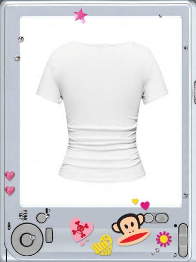 Paul Frank X ROMWE Women's Summer American Street Style Cartoon & Slogan Graphic Ruffle Fitted Short Sleeve T-Shirt