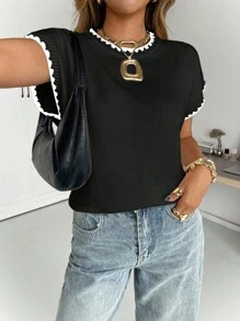 Siren Gaze Áo len dệt kim viền màu tương phản thường ngày dành cho nữ - màu đen - Xem 3