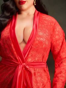 Seduluxe Set Lingerie Seksi Ukuran Besar untuk Hari Valentine, Jubah Warna Merah + G-String, Motif Hati, Patchwork Renda Transparan - Merah - View 3