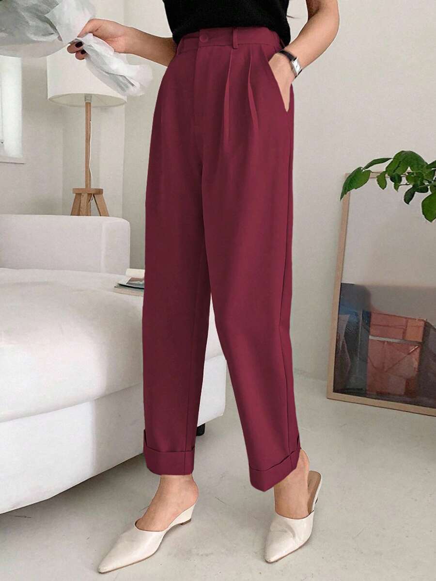 SHEIN Cottnline بنطلون نسائي كاجوال بجيوب مائلة وطيات مطوية، لون أحادي، مناسب للتنقل اليومي - عنابي اللون - مشاهدة 1