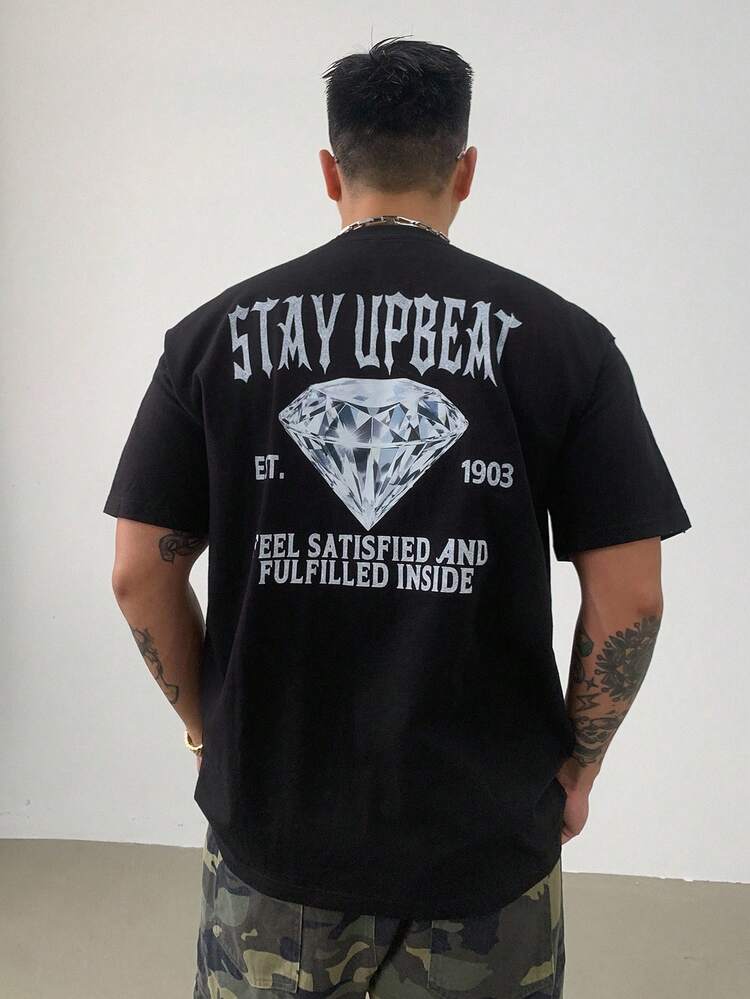 Men's Letter Print Street Style Black T-Shirt, Summer