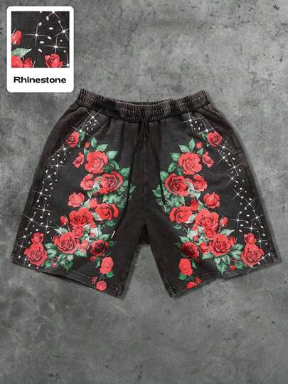 Street Life Street Style Rose Flower Rhinestone Print Shorts