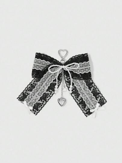 Kawaii 1pc Y2K Retro Fashion Gothic Handmade Beaded Faux Pearl Black & White Lace Ribbon Bowknot Chain CCB Heart Star DIY Keychain Bag Hanging Ornament, Suitable For Women, Daily Wear And Holiday Gifts
