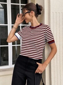 Serisse Vacation Casual Colorblock Striped Short Sleeve Knit Top Christmas Summer New Year Red Burgundy - Burgundy - View 7