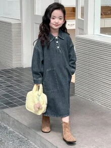 DAZY Vestido de manga larga con cuello regular, estilo coreano para niñas, para otoño/invierno - Azul lavado medio - Ver 4