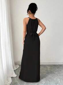 Elenzga 女式优雅休闲卡其色褶皱面料无袖串珠抽绳腰部纽扣长裙，春夏 - 黑色 - 查看 2