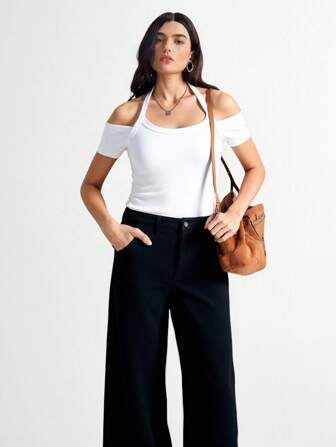 Daynim Women's Casual Black Wide Leg Loose Fit Jeans