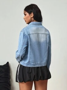 SHEIN Tall Chaqueta casual de manga larga con botones y cuello de jean - Azul lavado medio - Ver 2
