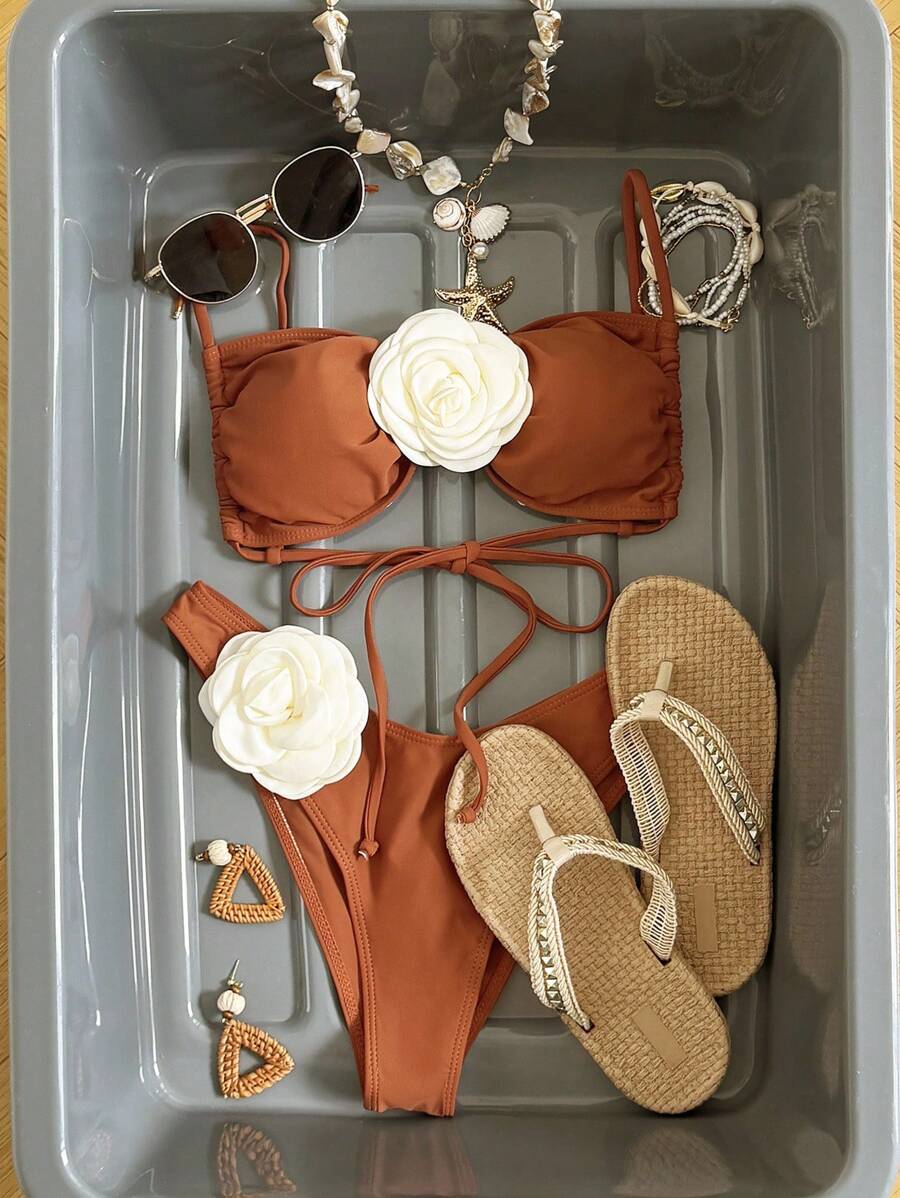 SHEIN Swim Bãi biển mùa hè dành cho nữ 3d chi tiết hoa Áo lót & Bộ đồ bơi dưới đáy Bộ đồ tắm - màu nâu - Xem 1