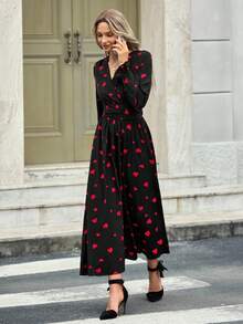EMERY ROSE Mid-Length Criss-Cross Waist & Neck Strap Design Dress, Valentine's Day - Red and Black - View 3