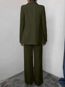 EURMUSE Women's Solid Color Double-Breasted Jacket And Pants Suit Set - Hijau Tentara - View 2