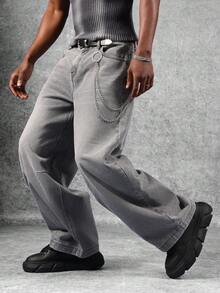 SUMWON Balloon Fit Wide Leg Jeans Loose Baggy Street Style Y2K Fashion Denim Pants With Chain Accessory Winter Skater Casual Pants Plain - Grey - View 2