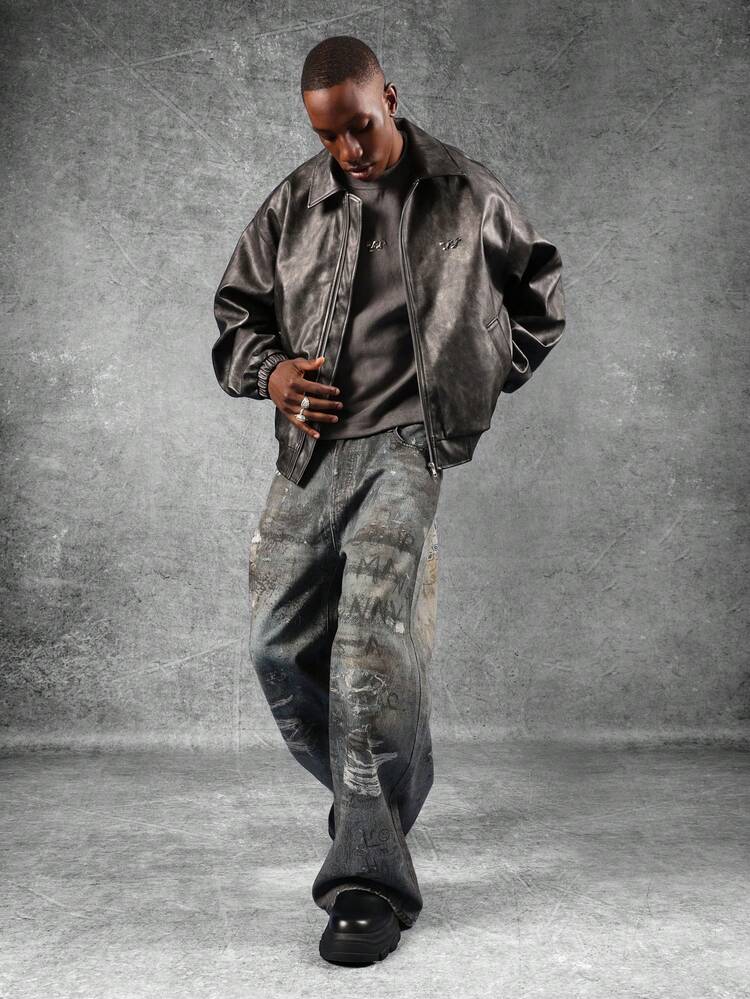 Distressed Leather Bomber Jacket With Ribbed Trim