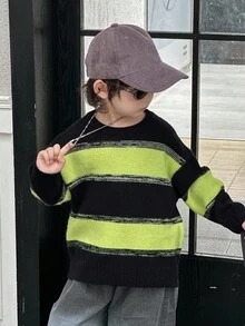 DAZY Young Boys Striped Loose Fit Colorblock Crew Neck Long Sleeve Sweater, Casual For Autumn - Black - View 7