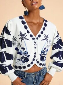 Travachic Damen Langarm Strickjacke mit Palmenmuster, Knopfleiste, Herbst Damen, Ostern, Urlaub, Strand für Frauen, Urlaub Frauen, Konzert Frauen, BOHO, Bohemien, Musikfestival, Tropischer Urlaub Frau, Romantisch, Herbst, Winter, Weihnachten, Ausgehen Tops Frauen, Ausgehen Tops, Lässig, Niedlich