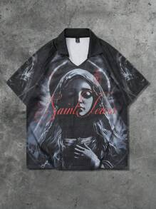 ROMWE MEN Street Life Camisa polo de manga corta con diseño vintage americano de Nuestra Señora, estilo callejero para hombres - Negro - Ver 1