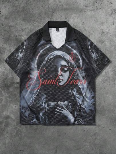 Goth Men's Street Style Vintage Figure Print American Graphic Short Sleeve Polo Shirt