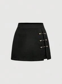 SHEIN MOD Women's Casual Minimalist Metal Buckle Decoration Black Shorts, Versatile For Commuting - Black - View 2