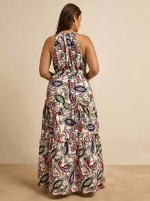 SHEIN LUNE 大码佩斯利印花荷叶边下摆系带吊带连衣裙 - 彩色 - 查看 5