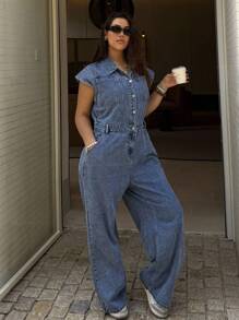 Dripcurv Bộ đồ liền thân denim rộng rãi, tay bồng màu xanh cỡ lớn dành cho nữ, trang phục năm mới, phong cách quý tộc. - Màu xanh lam - Xem 6