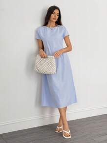 SHEIN Tall 女款休閒條紋中長洋裝，夏季商務休閒女裝，婚禮賓客禮服，老錢風女裝，適合高個子女性 - 藍色 - 查看 6