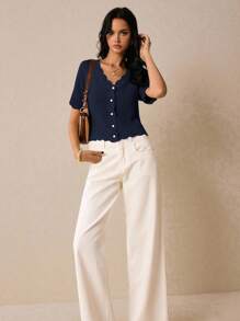 Poéselle Women's Solid Color Curved Hem Short Sleeve Single-Breasted Casual Knit Top,Fall Clothes For Women