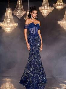 Glamrae Váy dạ hội nữ, Đầm lưới trang trọng, Đầm dạ hội, Đầm trễ vai, thiết kế xương cá, eo nhún, thêu ngọc trai màu xanh nước biển thanh lịch, viền đuôi cá - Màu xanh hải quân - Xem 7