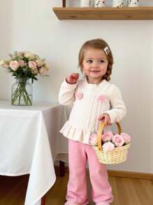 SHEIN Vintaside Kids 2 件婴儿/女婴套装，可爱 3D 花朵公主风格二合一长袖上衣和休闲长裤套装，秋冬 - 粉色 - 查看 9