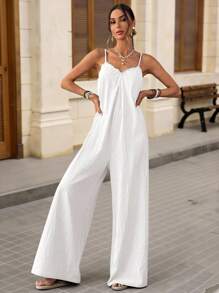 Brillora 女士纯色荷叶边宽腿宽松连体裤，适合度假 - 白色 - 查看 5