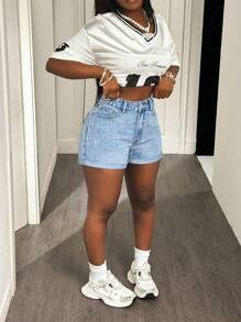 SHEIN SXY 大码女式蓝色高腰休闲夏季牛仔超短裤 - 中等水洗藍 - 查看 3