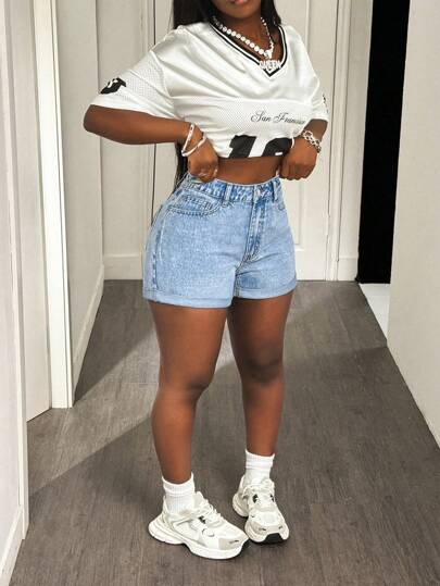 SHEIN SXY Plus Size Women Blue High Waist Casual Summer Denim Super-Short Shorts