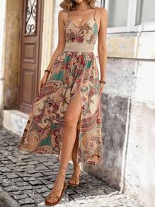 Brillora 度假印花開叉編織亞麻領口長裙 - 彩色 - 查看 4