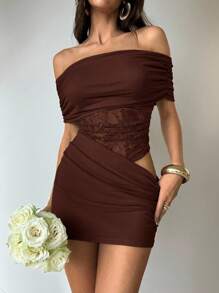 Aloruh Women's Sexy Elegant Off-Shoulder Waist Cutout Sheer Lace Contrast Mesh Mini Dress - Brown - View 4