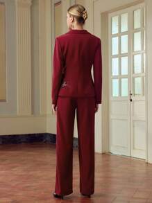 ZEYLAH 2pcs Elegant Red Embroidered Jacket & Pants Suit Set Fall Cloth For Women - Burgundy - View 3