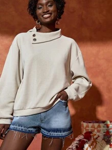 Bóhologie Asymmetrisk krage med knappar och nedsänkta axlar, ribbad stickad t-shirt - Beige - Visa 3