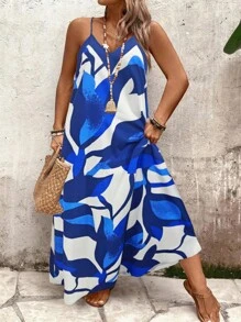Linhara Plus Size Women's Floral Print A-Line Loose Fit Casual Maxi Dress, Suitable For Vacation And Daily Wear