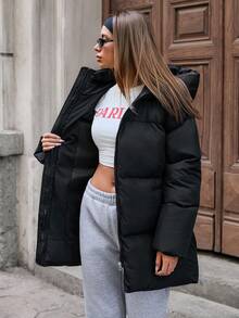 EURMUSE Fashionable Solid Color Hooded Jacket For Winter - Black - View 3