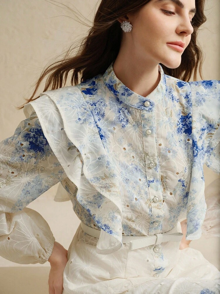2 Stücke elegantes Rüschen-besticktes Blumen-Muster Langarm Bluse mit Mandarin-Kragen und ausgestellter Midi-Rock Set für Frauen