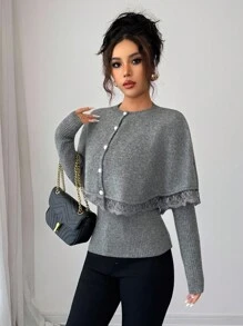 Elenzga Women's Elegant Round Neck Poncho Style Lace Patchwork Ribbed Knit Sweater 2 Pieces Set Fall Winter Cloth For Women - Grey - View 7
