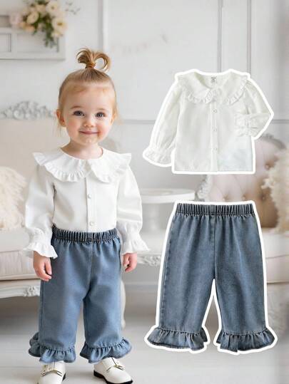 Souflis Souflis 女婴复古时尚荷叶边领口袖口长袖上衣搭配荷叶边牛仔裤，全套服装适合春秋季休闲外出、花园游玩、旅行和度假。女婴休闲套装，女婴长袖上衣配裤子两件套，女婴连衣裙衬衫和裤子套装，女婴衬衫套装，女婴牛仔裤套装，女婴荷叶边套装，女婴牛仔套装两件套，女婴套装。