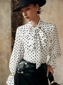 Aveloria 编织波尔卡圆点印花 V 领荷叶边饰边系带长喇叭袖直筒休闲户外优雅办公室约会度假女式衬衫，春夏秋