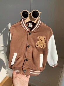 SHEIN 男童女童舒适休闲百搭可爱熊刺绣撞色拼接经典卡其色棒球夹克，适合室内、户外、日常、运动、玩耍、派对、拍照、度假、返校、街头服饰、秋冬 - 卡其色 - 查看 5