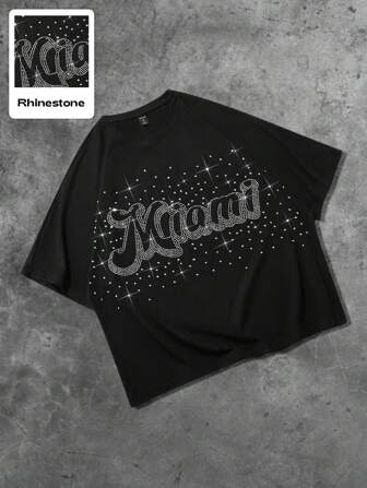 Street Life T-shirt à manches chauve-souris courtes avec effet de strass et imprimé anglais, style de rue américain, Halloween