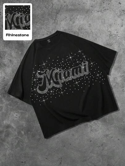 Street Life Street Style American Design Rhinestone Effect English Print Short Batwing Sleeve T-Shirt, Halloween