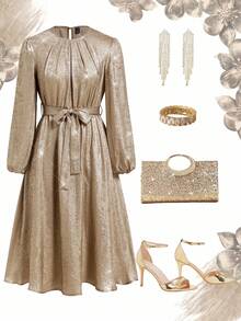 Ellevyn 女士圆领灯笼袖长袖金属涂层面料金色束腰 A 字优雅日常、派对、聚会中长连衣裙，秋冬 - 金色 - 查看 1