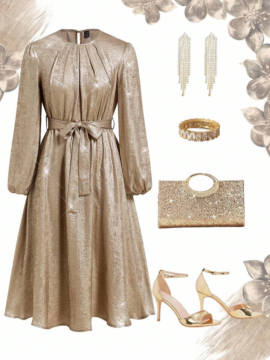 Ellevyn 女士圆领灯笼袖长袖金属涂层面料金色束腰 A 字优雅日常、派对、聚会中长连衣裙，秋冬 - 金色 - 查看 1