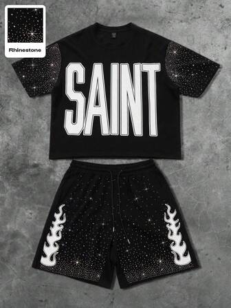 Goth 2pcs Streetwear Style Rhinestone Effect English Graphic Cropped T-Shirt Set